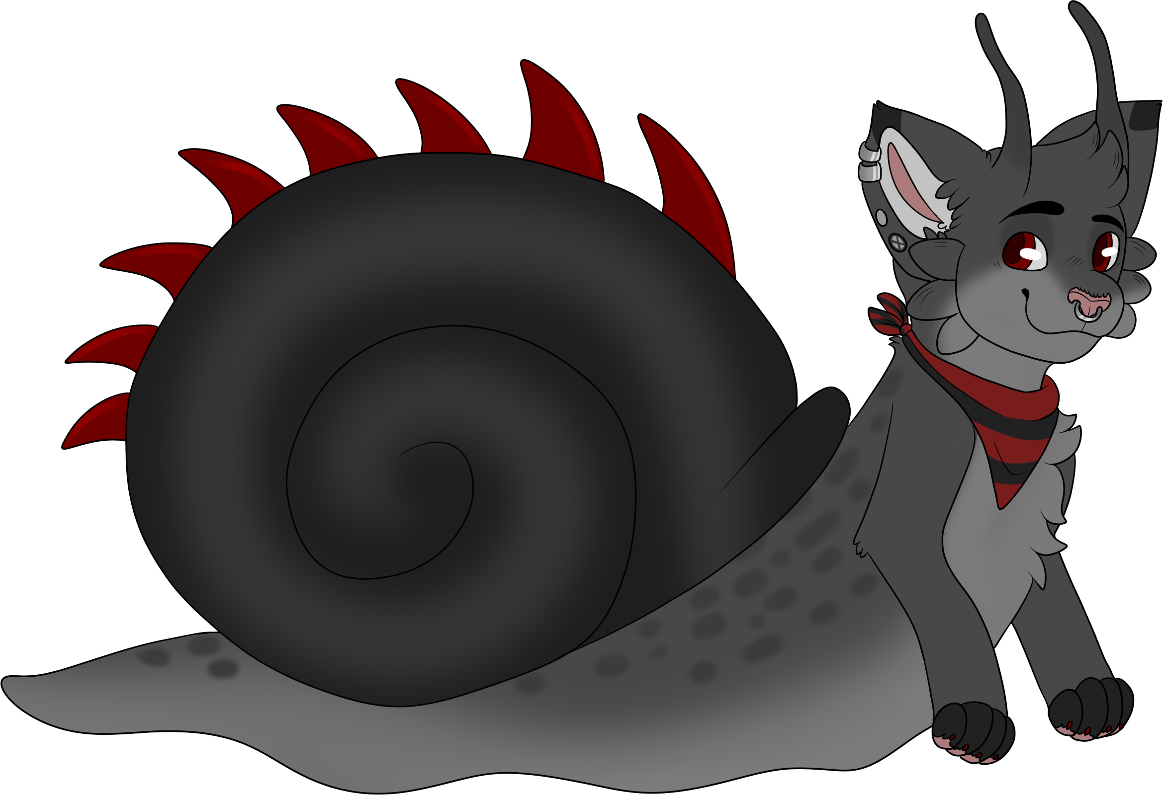A mostly black Snailcat with a black snail shell with dark red spikes